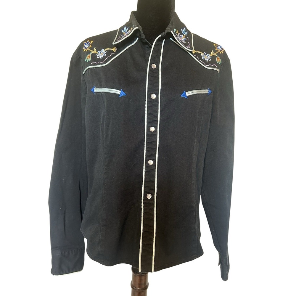 Vintage Banjo Dallas Texas Women's Black Pearl Snap Embroidered Western Shirt